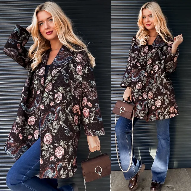 Jesienny brązowy płaszcz haftowany w kwiaty ONE SIZE - R193