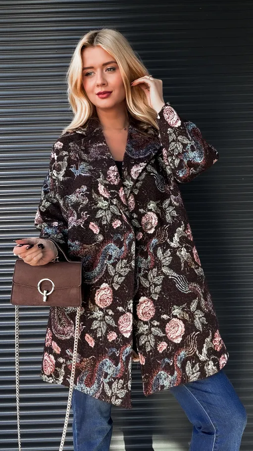 Jesienny brązowy płaszcz haftowany w kwiaty ONE SIZE - R193