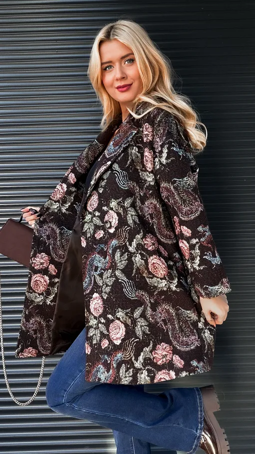 Jesienny brązowy płaszcz haftowany w kwiaty ONE SIZE - R193