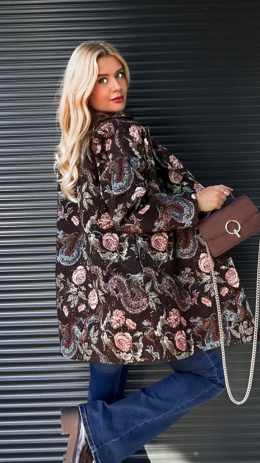 Jesienny brązowy płaszcz haftowany w kwiaty ONE SIZE - R193