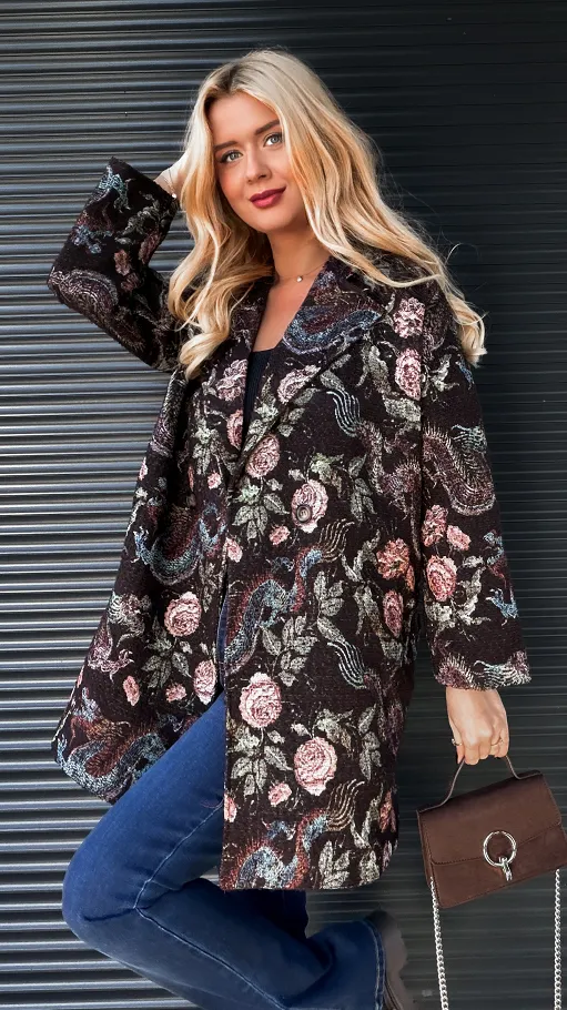 Jesienny brązowy płaszcz haftowany w kwiaty ONE SIZE - R193