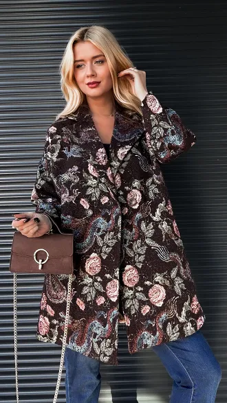 Jesienny brązowy płaszcz haftowany w kwiaty ONE SIZE - R193