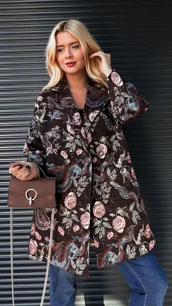 Jesienny brązowy płaszcz haftowany w kwiaty ONE SIZE - R193
