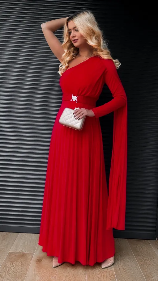Czerwona super elastyczna MAXI sukienka z paskiem - R390