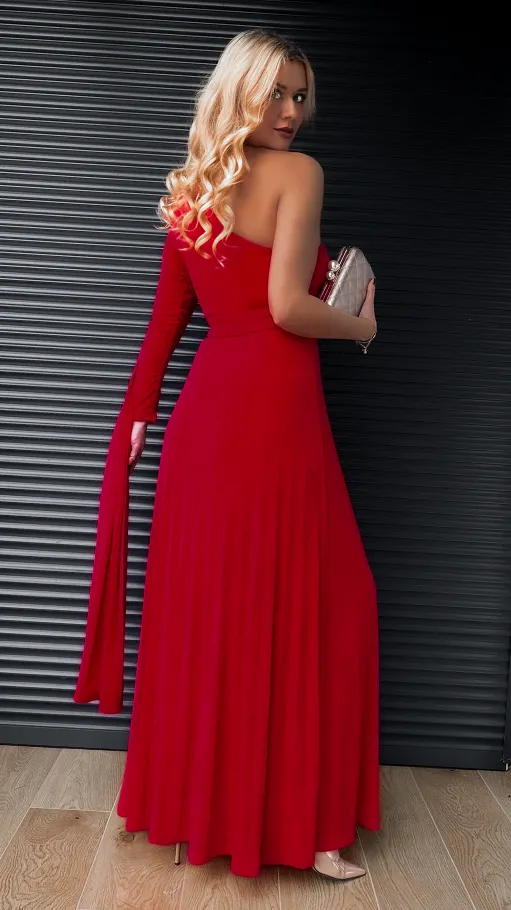 Czerwona super elastyczna MAXI sukienka z paskiem - R390