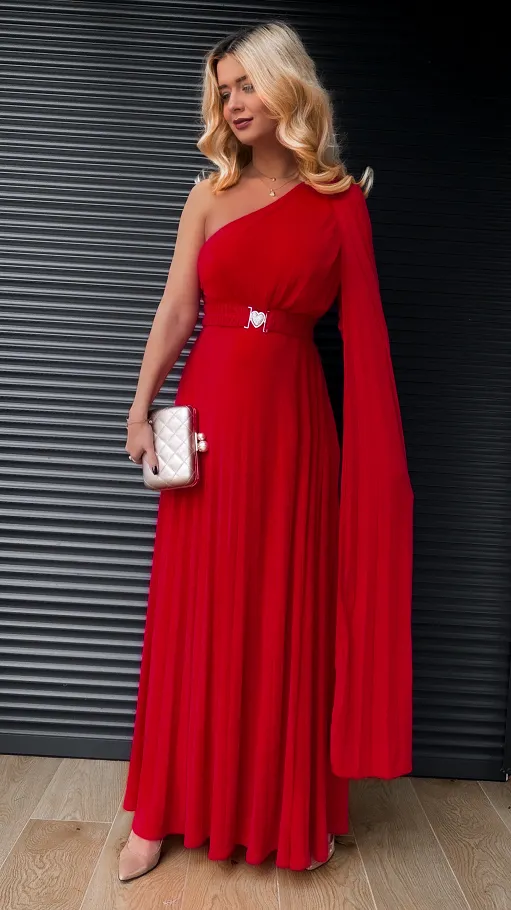 Czerwona super elastyczna MAXI sukienka z paskiem - R390