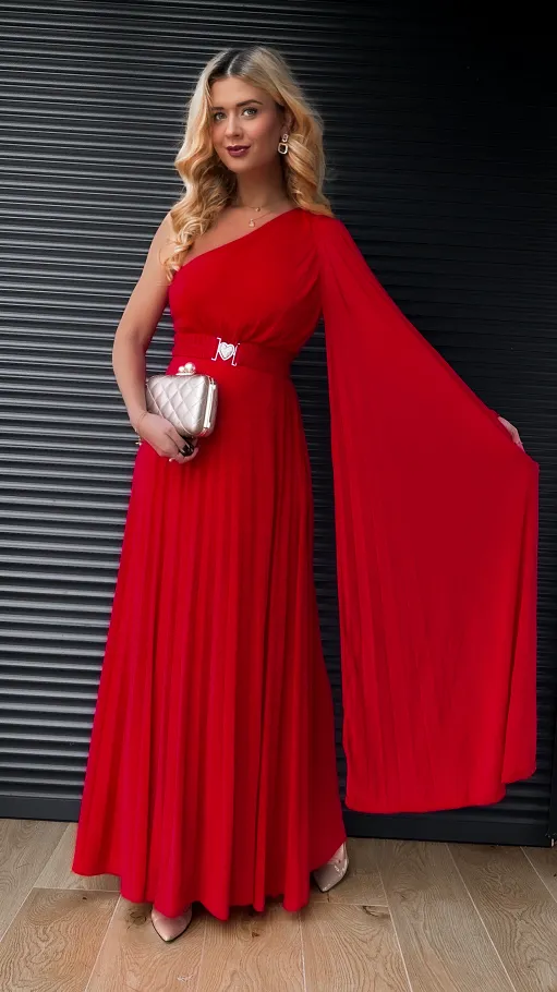 Czerwona super elastyczna MAXI sukienka z paskiem - R390