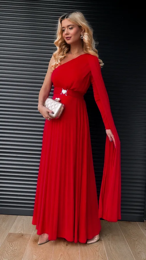 Czerwona super elastyczna MAXI sukienka z paskiem - R390