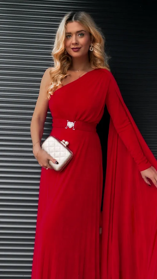 Czerwona super elastyczna MAXI sukienka z paskiem - R390