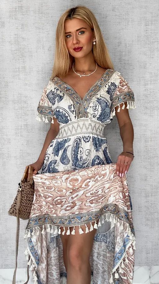 Ekstra długa sukienka BOHO w niebieskie wzory ONE SIZE - P716