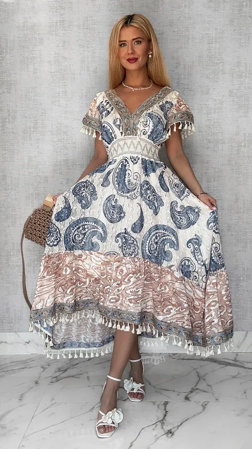 Ekstra długa sukienka BOHO w niebieskie wzory ONE SIZE - P716