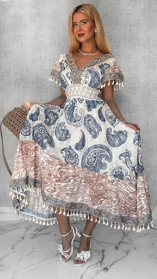 Ekstra długa sukienka BOHO w niebieskie wzory ONE SIZE - P716