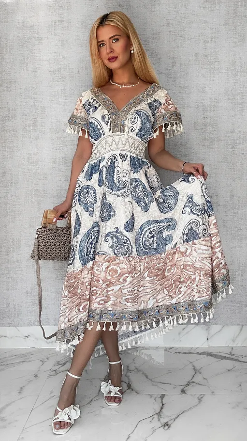 Ekstra długa sukienka BOHO w niebieskie wzory ONE SIZE - P716
