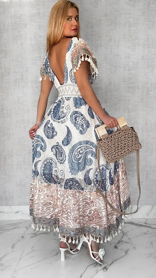 Ekstra długa sukienka BOHO w niebieskie wzory ONE SIZE - P716