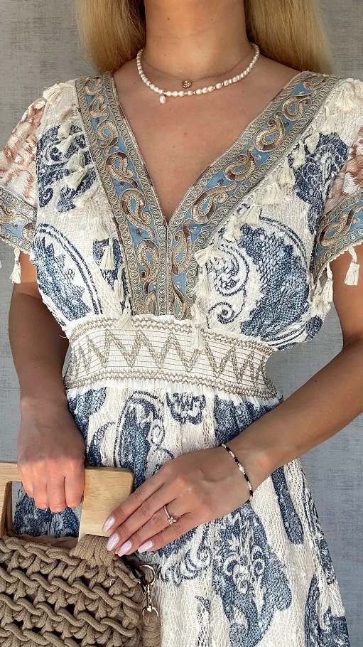 Ekstra długa sukienka BOHO w niebieskie wzory ONE SIZE - P716