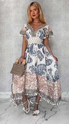 Ekstra długa sukienka BOHO w niebieskie wzory ONE SIZE - P716