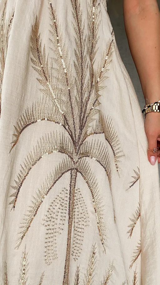 Piękna MAXI sukienka na ramiączkach w złote hafty ONE SIZE beżowa - P694A