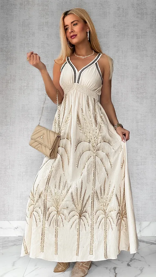 Piękna MAXI sukienka na ramiączkach w złote hafty ONE SIZE beżowa - P694A
