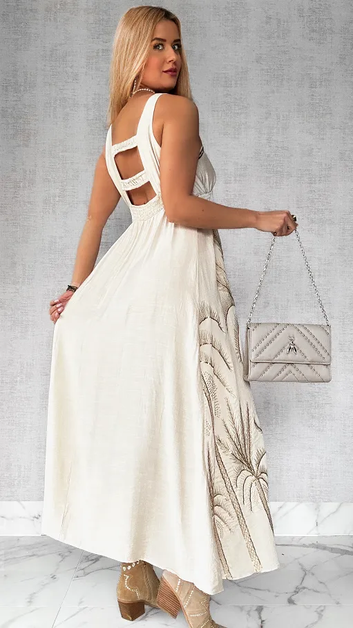 Piękna MAXI sukienka na ramiączkach w złote hafty ONE SIZE beżowa - P694A