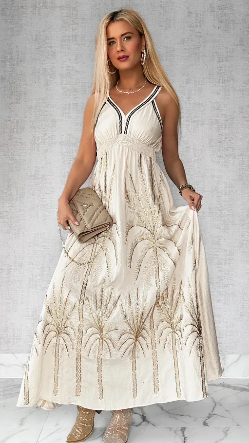 Piękna MAXI sukienka na ramiączkach w złote hafty ONE SIZE beżowa - P694A