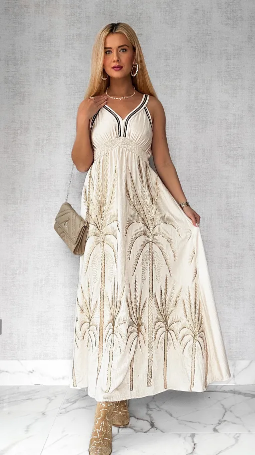 Piękna MAXI sukienka na ramiączkach w złote hafty ONE SIZE beżowa - P694A