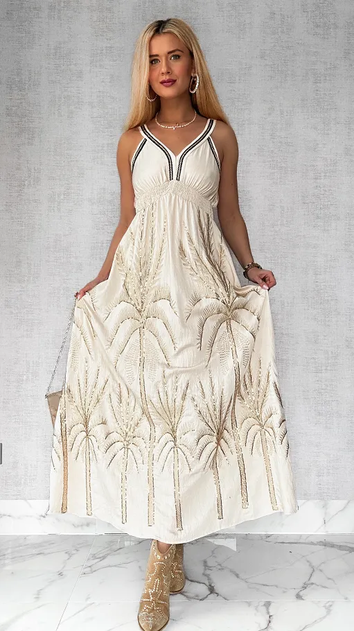 Piękna MAXI sukienka na ramiączkach w złote hafty ONE SIZE beżowa - P694A
