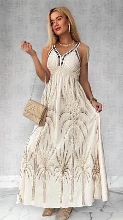 Piękna MAXI sukienka na ramiączkach w złote hafty ONE SIZE beżowa - P694A