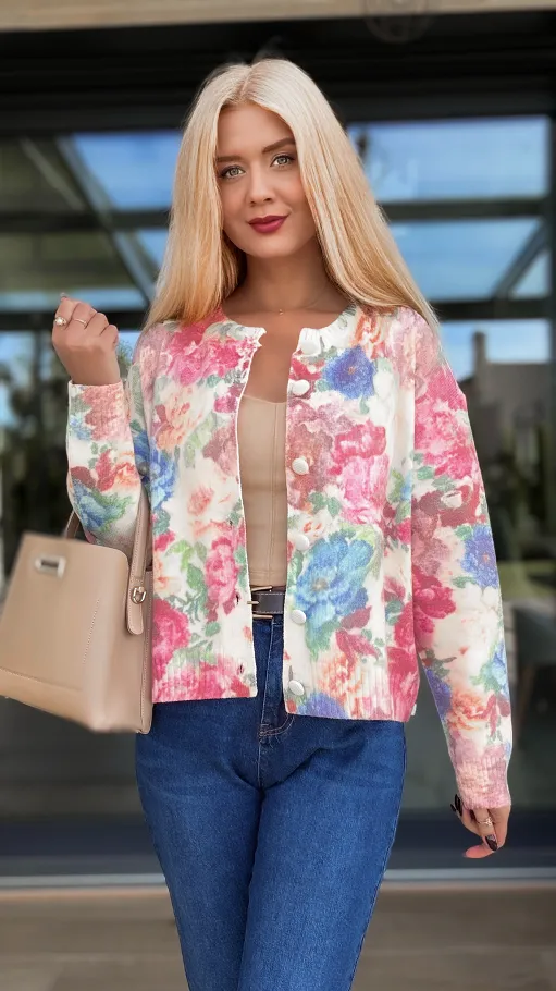 Piękny sweter z wiskozy cały w kwiaty zapinany na guziki ONE SIZE - R092