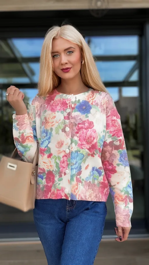 Piękny sweter z wiskozy cały w kwiaty zapinany na guziki ONE SIZE - R092