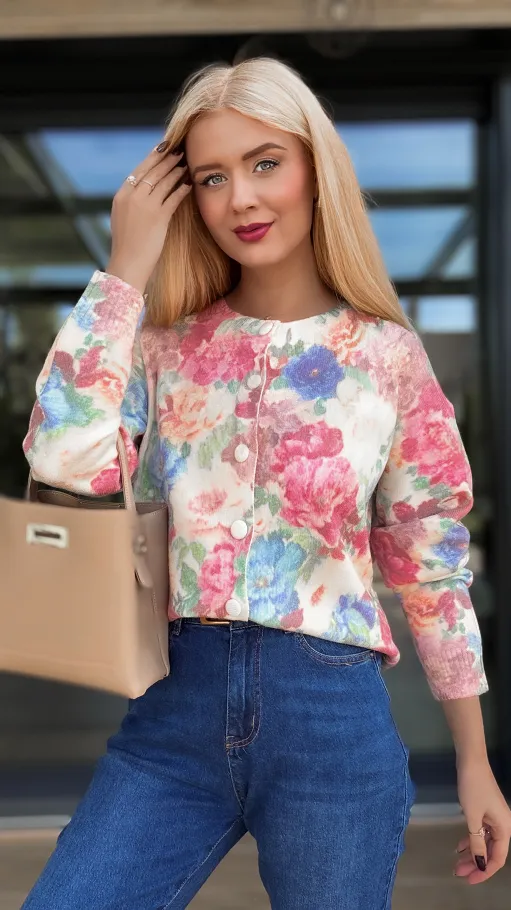 Piękny sweter z wiskozy cały w kwiaty zapinany na guziki ONE SIZE - R092