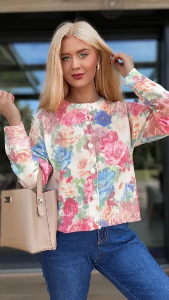 Piękny sweter z wiskozy cały w kwiaty zapinany na guziki ONE SIZE - R092