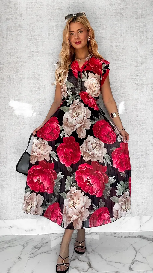 Długa czarna sukienka w kolorowe kwiaty z plisowanym dołem ONE SIZE - P604A