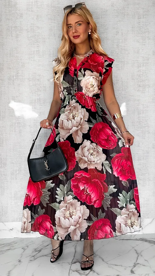 Długa czarna sukienka w kolorowe kwiaty z plisowanym dołem ONE SIZE - P604A