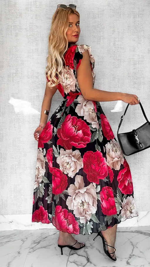 Długa czarna sukienka w kolorowe kwiaty z plisowanym dołem ONE SIZE - P604A