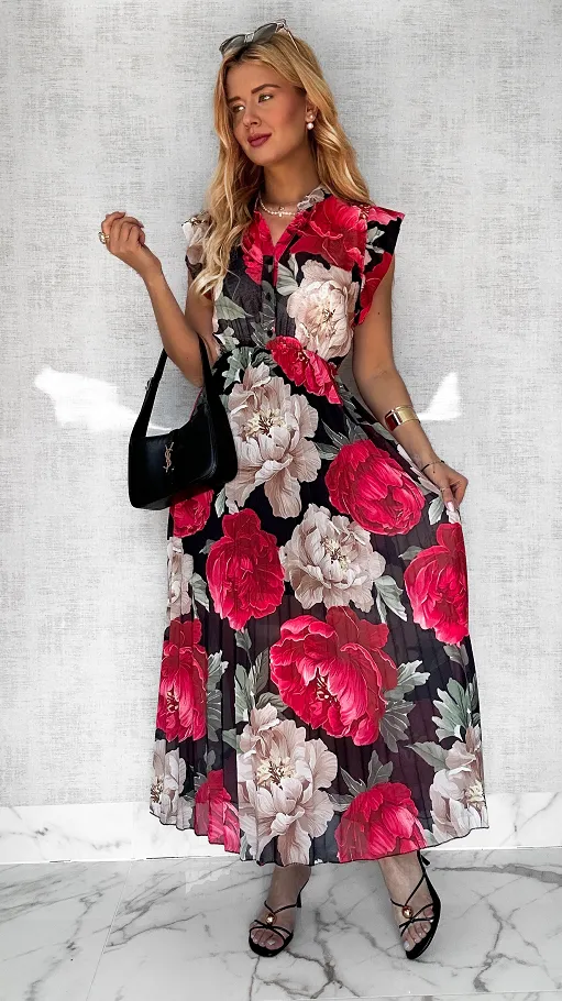 Długa czarna sukienka w kolorowe kwiaty z plisowanym dołem ONE SIZE - P604A