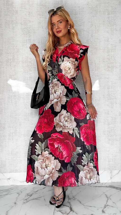 Długa czarna sukienka w kolorowe kwiaty z plisowanym dołem ONE SIZE - P604A