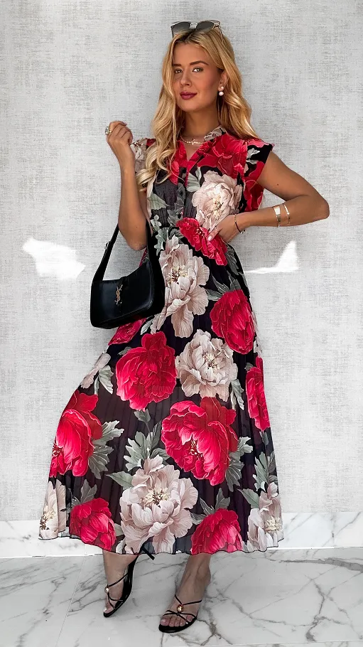 Długa czarna sukienka w kolorowe kwiaty z plisowanym dołem ONE SIZE - P604A