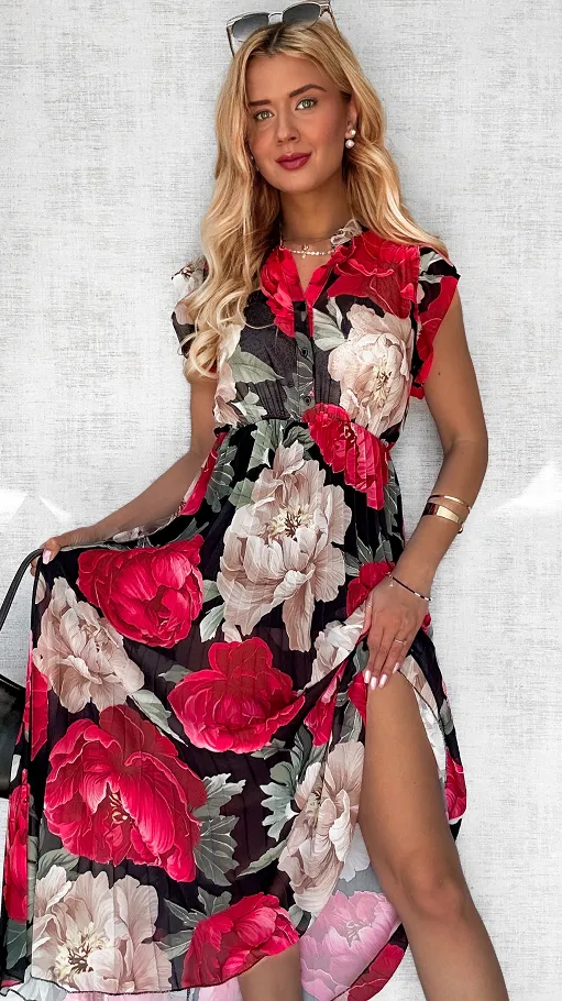 Długa czarna sukienka w kolorowe kwiaty z plisowanym dołem ONE SIZE - P604A