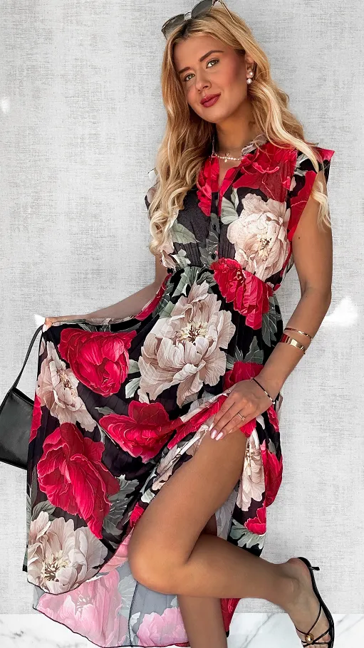 Długa czarna sukienka w kolorowe kwiaty z plisowanym dołem ONE SIZE - P604A