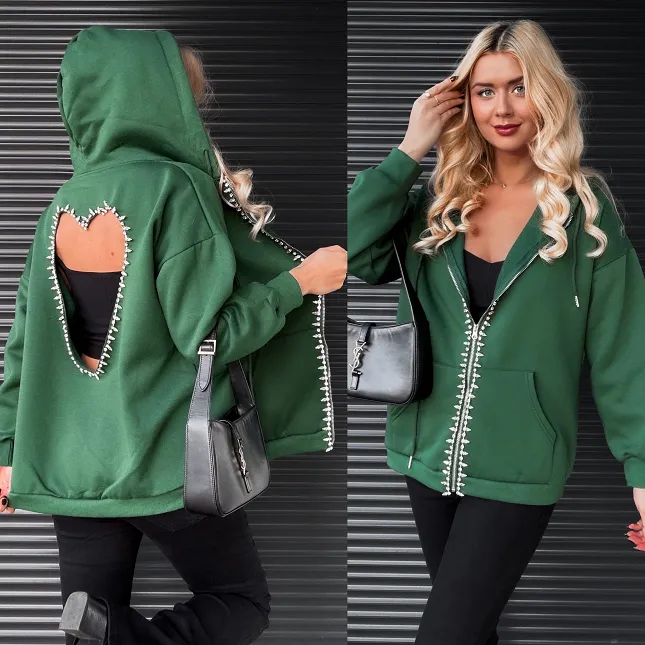 Zielona bluza na zamek z SERCEM zdobiona cyrkoniami ONE SIZE - R274