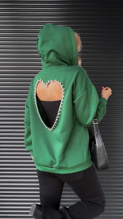Zielona bluza na zamek z SERCEM zdobiona cyrkoniami ONE SIZE - R274
