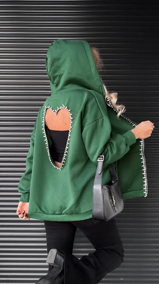 Zielona bluza na zamek z SERCEM zdobiona cyrkoniami ONE SIZE - R274