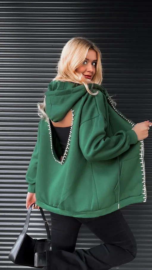 Zielona bluza na zamek z SERCEM zdobiona cyrkoniami ONE SIZE - R274