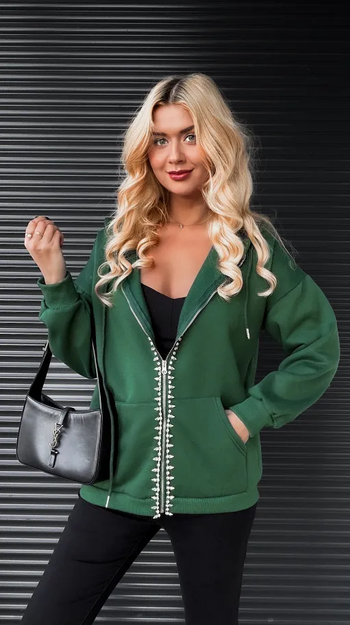 Zielona bluza na zamek z SERCEM zdobiona cyrkoniami ONE SIZE - R274
