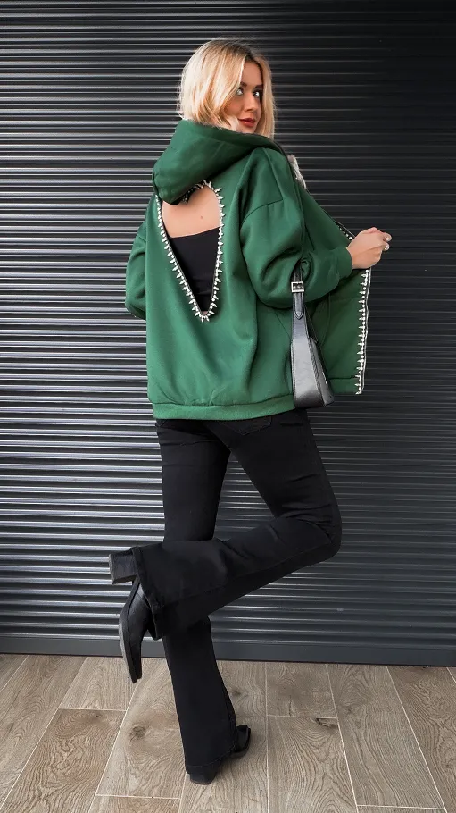 Zielona bluza na zamek z SERCEM zdobiona cyrkoniami ONE SIZE - R274