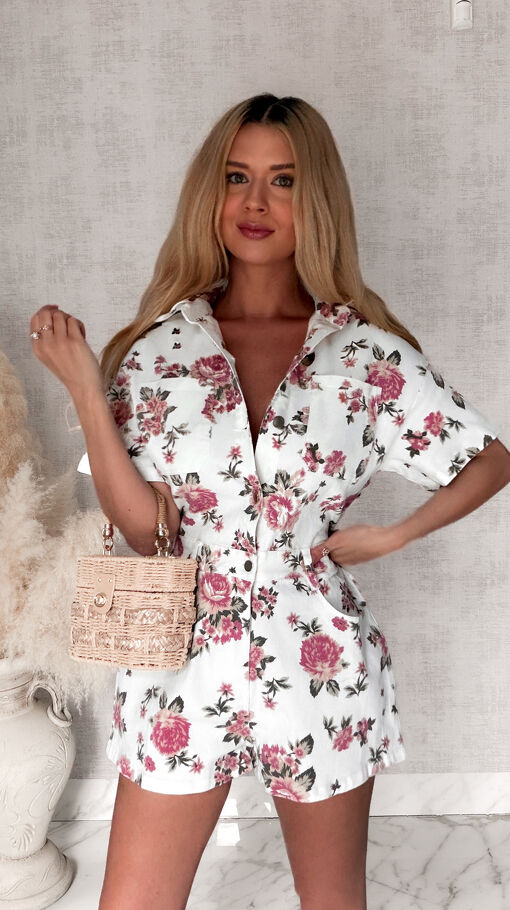 Jeansowy kombinezon w kwiaty super elastyczny WHITE JEANS - S077A