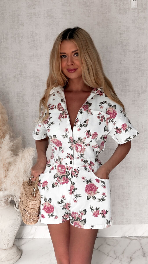 Jeansowy kombinezon w kwiaty super elastyczny WHITE JEANS - S077A