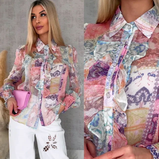 Elegancka bluzka koszulowa MGIEŁKA kolorowy print - R739A