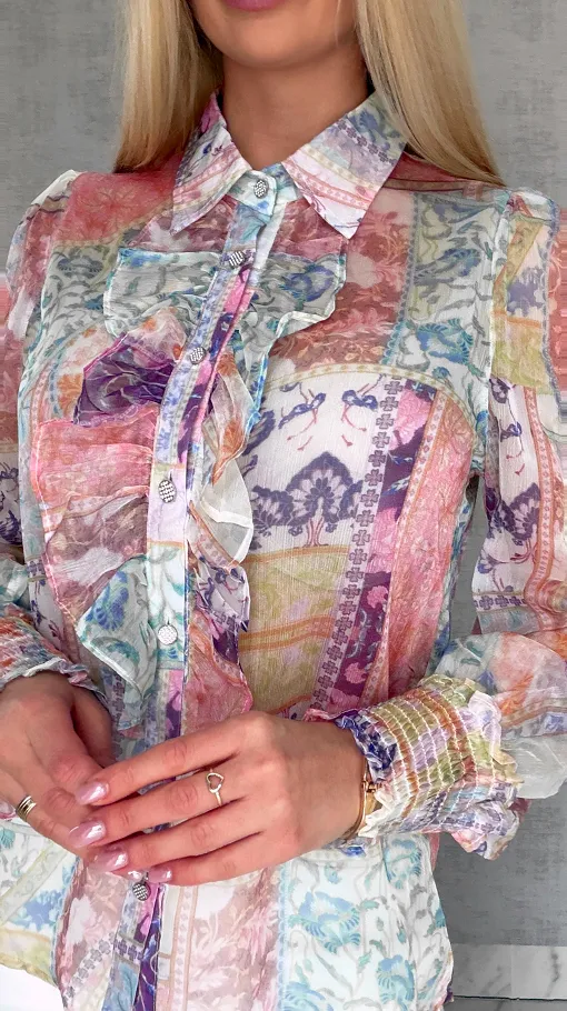 Elegancka bluzka koszulowa MGIEŁKA kolorowy print - R739A