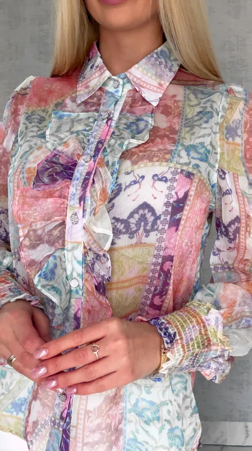 Elegancka bluzka koszulowa MGIEŁKA kolorowy print - R739A